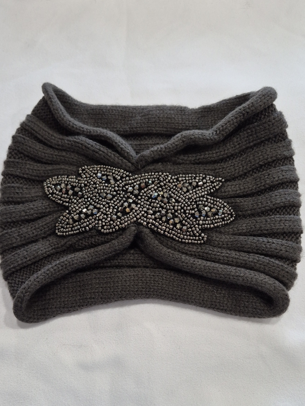 Charcoal Gray Beaded Knit Ear Warmer Headband - Floral Appliqué